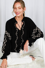 Load image into Gallery viewer, 6570- Tie Neck Tassel Detail Floral Embroidered Blouse -BLACK
