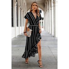 Load image into Gallery viewer, 4614-Strip Knot Belt Split V Neck Hem Ruffle Fit Dress
