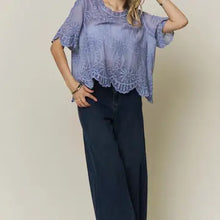 Load image into Gallery viewer, 6257- Eyelet Embroidered Sheer Scalloped Blouse- BLUE
