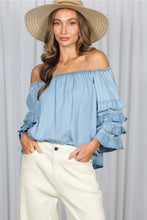Load image into Gallery viewer, 5938-Off the Shoulder 4Tiers Ruffle Sleeve Chambray Top
