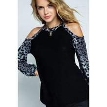 Load image into Gallery viewer, 5493-Cold Shoulder Long Sleeve Knit Top-BLK/GREY
