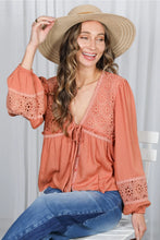Load image into Gallery viewer, 6344- Eyelet Lace Tie Front V-Neck Long Puff Blouse -SIENNA
