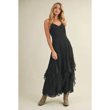 Load image into Gallery viewer, 6310- Lace V-Neck Cascading Ruffle Dress-BLACK
