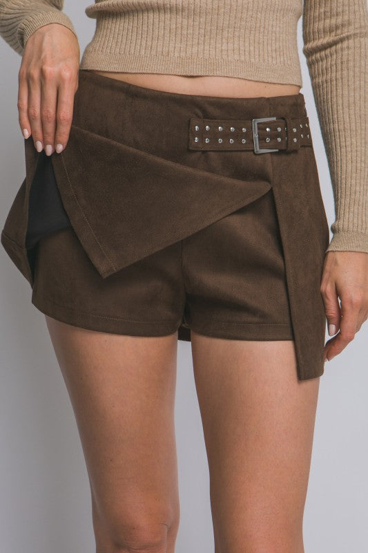 5578 BROWN-Suede Mini Skirt With Buckle-BROWN