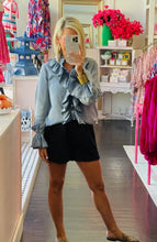 Load image into Gallery viewer, 6487- Denim Ruffled Button Down Long Sleeve Top
