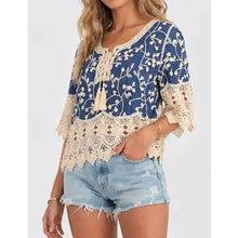 Load image into Gallery viewer, 6412- Boho Embroidery Lace Tie-Neck Tassel Blouse
