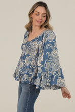 Load image into Gallery viewer, 6594- Flare Bell Sleeve Printed Top-BLUE
