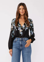Load image into Gallery viewer, 5590-Blue Floral V-Split Smocked Neck Blouse-BLACK
