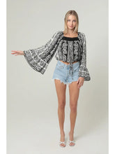 Load image into Gallery viewer, 5819-Lace Trim Wide Bell Sleeve Drawstring Hem Top-black
