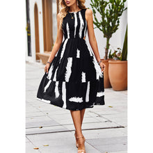 Load image into Gallery viewer, 4980-Floral Print Cut Out Ruched Fit Sleeveless Ruffle Dress-BLACK
