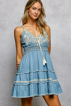 Load image into Gallery viewer, 5807- POL Vintage Denim Embroidered Smocked Ruffle Boho Dress
