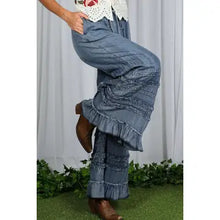 Load image into Gallery viewer, 6198- Flared Ruffle Hem Chambray Crop Denim Pants
