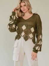 Load image into Gallery viewer, 5235-Crochet V Neck Long Sleeve Knit Sweater Top-OLIVE
