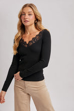 Load image into Gallery viewer, 6713- V-Neck Lace Trim Ribbed Knit Long Sleeve Top
