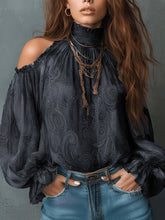 Load image into Gallery viewer, 6504-  High Neck Off-Shoulder Chiffon Blouse-black
