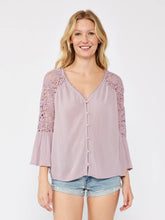 Load image into Gallery viewer, 5083- Crochet Lace Bell Sleeve Button Front Top-LAVENDER
