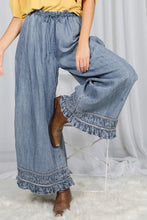 Load image into Gallery viewer, 6346- Flared Ruffle Hem Washed Chambray Crop Denim Pants
