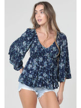 Load image into Gallery viewer, 5823-Eyelet Embroidered and Printed Smocked V Neck-blue
