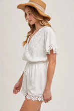 Load image into Gallery viewer, 5092-Wrap Floral Lace Trimmed Drawstring Romper-IVORY
