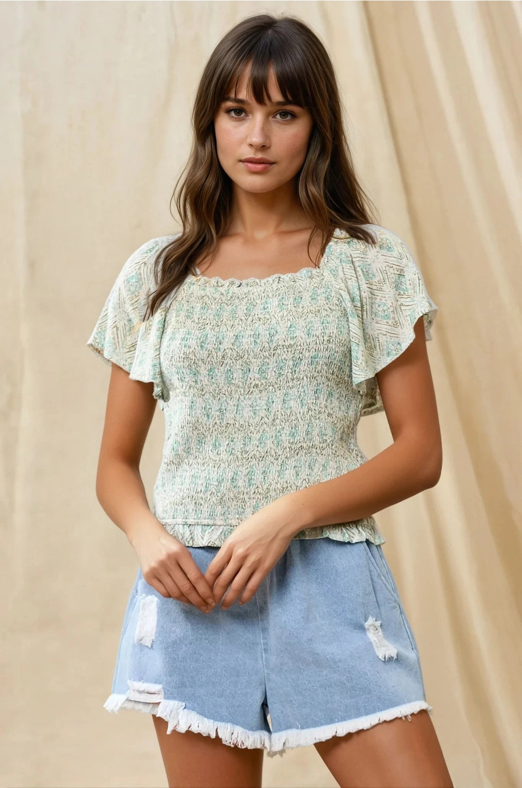 5198-Smocked Top - -SAGE