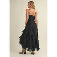 Load image into Gallery viewer, 6310- Lace V-Neck Cascading Ruffle Dress-BLACK
