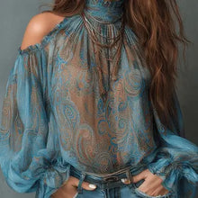 Load image into Gallery viewer, 6394-  High Neck Off-Shoulder Chiffon Blouse-PEACOCK
