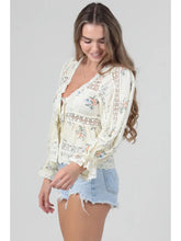 Load image into Gallery viewer, 5821-Lace Trim tie front long sleeve top-cream
