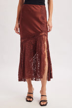 Load image into Gallery viewer, 6368- Romantic Satin Lace Trimmed Split Midi Skirt-BROWN/MAROON
