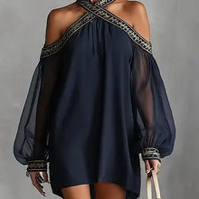 Load image into Gallery viewer, 6396- Embroidered Off-Shoulder Dress with Balloon Sleeves-NAVY
