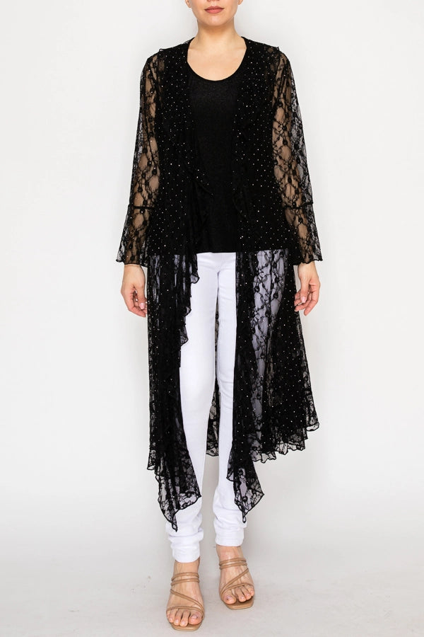 5499-Lightweight Long Lace Cardigan with Sparkles - BLACK