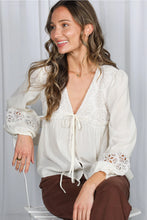 Load image into Gallery viewer, 6343- Eyelet Lace Tie Front V-Neck Long Puff Blouse -CREAM
