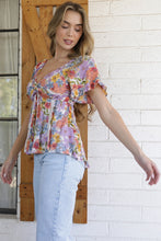 Load image into Gallery viewer, 6083- Lace Inserts Twist Front Floral Print Blouse-MULTI
