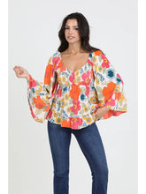 Load image into Gallery viewer, 5818-Neck Smocked Bust Wide Bell Sleeve Floral Blouse-ORANGE
