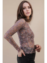 Load image into Gallery viewer, 5843-High Neck Fitted Sheer Mesh Lace Knit Top-MAUVE FLORAL
