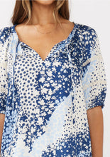 Load image into Gallery viewer, 5192-Short Puff Sleeve V-Split Neck Top with Lace Trim-BLUE
