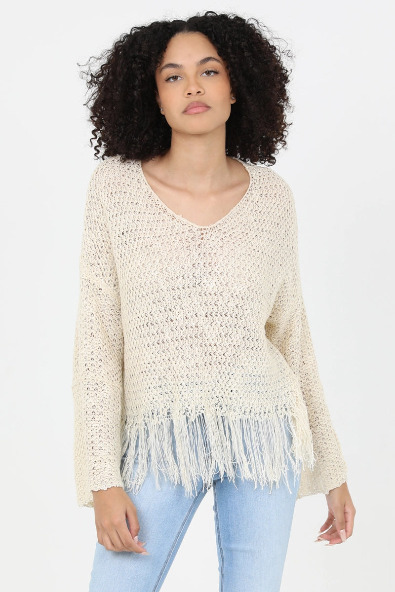5710-V Neck Fringe Hem Pullover Sweater -IVORY