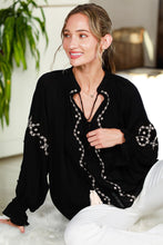 Load image into Gallery viewer, 6570- Tie Neck Tassel Detail Floral Embroidered Blouse -BLACK
