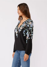 Load image into Gallery viewer, 5590-Blue Floral V-Split Smocked Neck Blouse-BLACK
