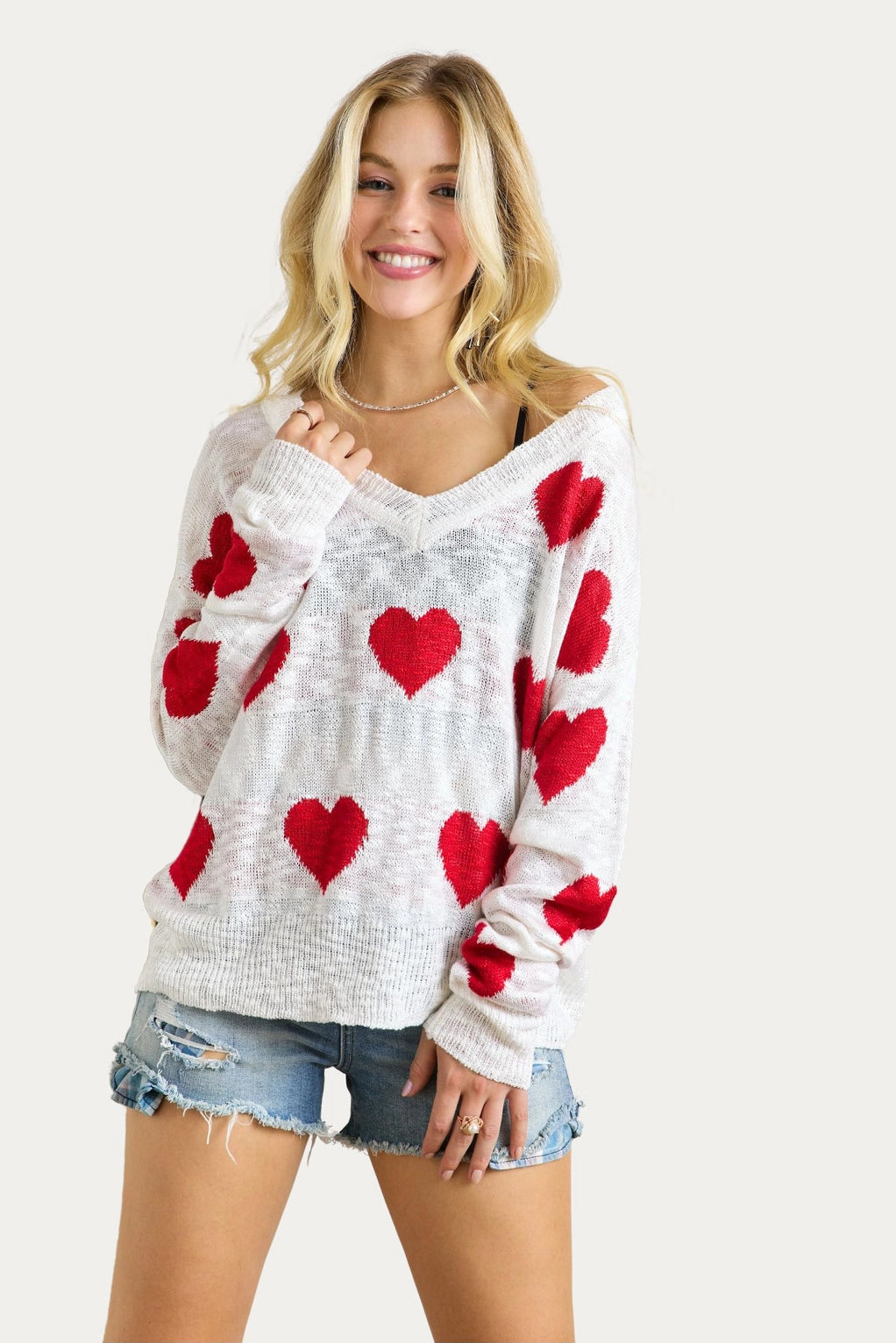 4884- Lovely Heart Sweater Top-OFF WHITE/RED
