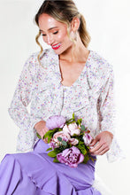 Load image into Gallery viewer, 5041-V-Neck Ruffle Design Floral Chiffon Blouse -WHITE/LILAC
