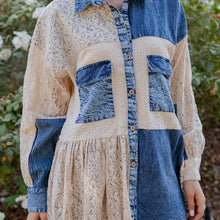 Load image into Gallery viewer, 5887-Mixed Media Spliced Denim Shirt with Seersucker
