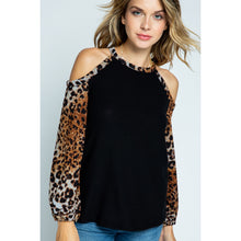 Load image into Gallery viewer, 5492- Cold Shoulder Long Sleeve Knit Top-BLK/BROWN
