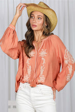 Load image into Gallery viewer, 6341- Bohemian Embroidered Split Neck Top -ORANGE
