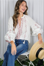 Load image into Gallery viewer, 6342- Bohemian Embroidered Split Neck Cotton Blouse -BURG

