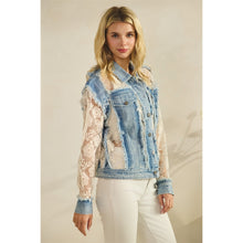 Load image into Gallery viewer, 5865-Denim Jacket with Floral Organza Inset-WHITE
