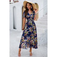 Load image into Gallery viewer, 4522-Floral Print High Waist Band Fit Lined Dress-NAVY
