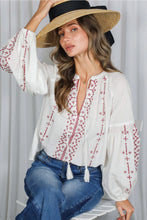 Load image into Gallery viewer, 6342- Bohemian Embroidered Split Neck Cotton Blouse -BURG
