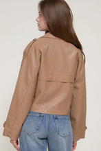 Load image into Gallery viewer, 6630- Faux Leather Short Trench Coat-TOFFEE
