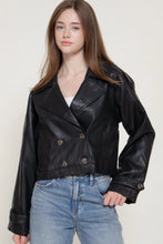 Load image into Gallery viewer, 6631- Faux Leather Short Trench Coat-BLACK
