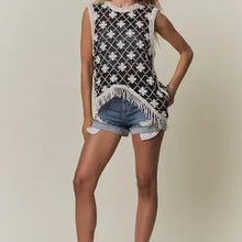 Load image into Gallery viewer, 6255- Asymmetrical Fringe Hem Crochet Top- BLACK
